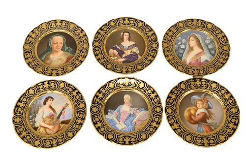 Set of Six German Porcelain Portrait Plates
having raised gold borders
signed R. Friedrich, verso marked Germany, Abteilung, Dresden
diameter 10 3/8 i