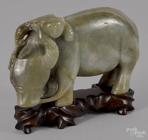 Chinese carved jade buffalo and boy group, 3 1/