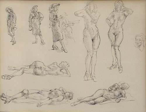 Reginald Marsh (1898 - 1954)
"Figure Studies"
ink on paper
unsigned
ACA Galleries, Inc., New York label verso
sight size: 8 1/2" x 11 1/4"
Provenance: