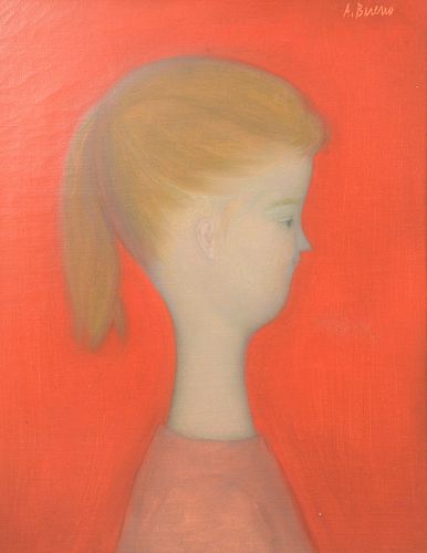 Antonio Bueno (1918 - 1984)"Figure in Rosso" side portrait of a girl with red background, oil on canvas, signed top right A. Buenotitled on stretcher1