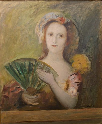 Georg Merkel (Ukrainian, 1881 - 1976) Woman with a Fan, oil on canvas, signed lower right, Merkel28 3/4" x 23 1/2"