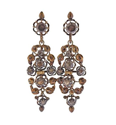 Antique 18K Gold Silver Rose Diamond Drop Earrings 