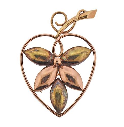 M.C. Mossalone 14K Gold Heart Leaf Motif Brooch Pin