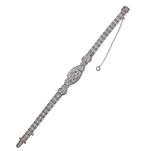 Art Deco Platinum Diamond Emerald Bracelet