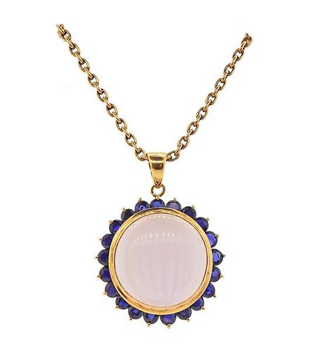 18K Gold Moonstone Sapphire Pendant Necklace