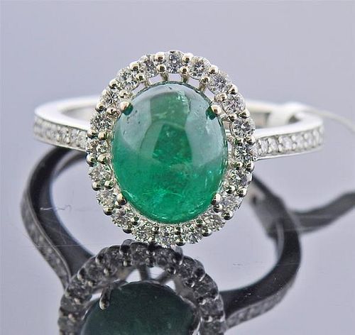 14K Gold 3.06ct Cabochon Emerald Diamond Ring