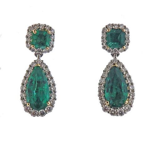 14K Gold Diamond Emerald Drop Earrings 