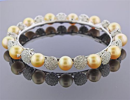 18K Gold 6.24ctw Diamond Pearl Bangle Bracelet