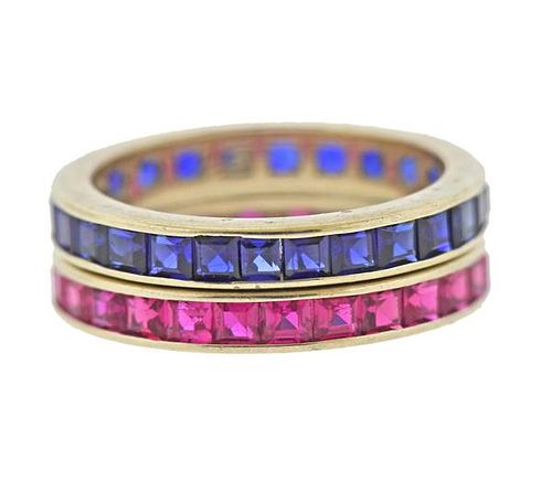 14k Gold Red Blue Stone Eternity Band Ring Set