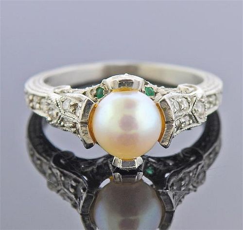 Platinum Diamond Emerald Pearl Ring