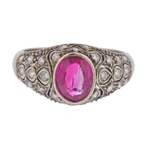 18k Gold Diamond Pink Stone Ring 