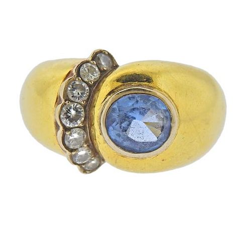 18k Gold Blue Gemstone Diamond Ring 