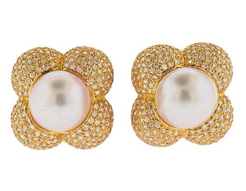 18K Gold Diamond Mabe Pearl Large Earrings