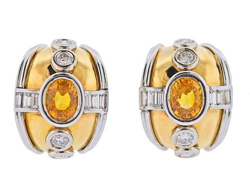 18k Gold Yellow Sapphire Diamond Half Hoop Earrings 