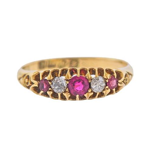 Antique English 18k Gold Ruby Diamond Ring 