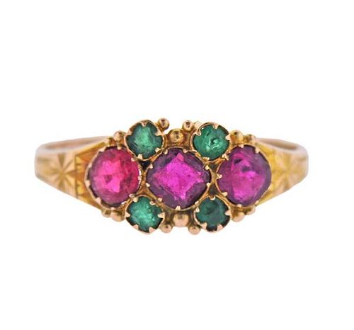 Antique English 12k Gold Ruby Emerald Ring 