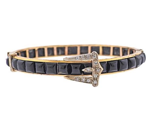 Art Deco 18k Gold Diamond Onyx Buckle Bracelet 