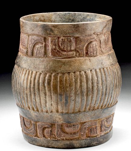 Maya Pottery Fluted Cylinder Vessel w/ Glyphs