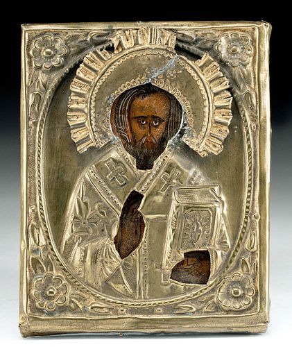 19th C. Russian Icon w/ Gilt Brass Oklad, St. Nicholas