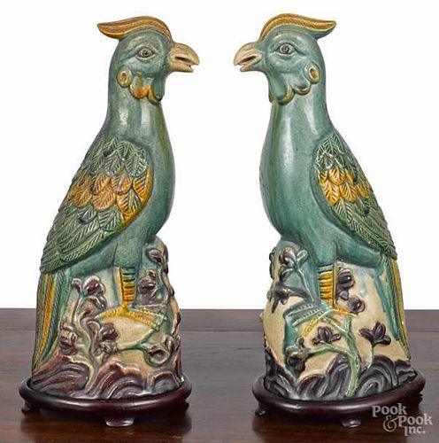 Pair of Chinese Sancai glaze pottery birds, 19th