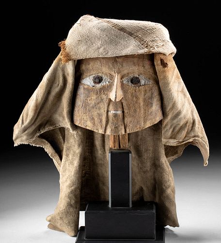 Chancay Wood Mummy Mask w/ Textile Headdress