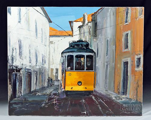 Signed French Painting Le Tram de Lisbonne G. Mortier