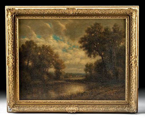 Framed 19th C. George Fields Painting - Distant Hamlet