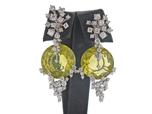 Italian 18k Gold Diamond Yellow Gemstone Cocktail Earrings 