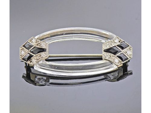 Yard Art Deco 14k Gold Crystal Diamond Onyx Brooch Pin 