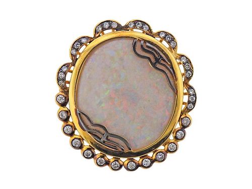 14k Gold Opal Diamond Brooch Pin 