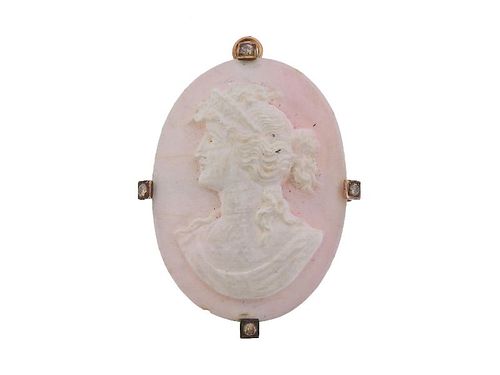 Antique Angel Skin Coral Cameo Diamond 14k Gold Brooch 