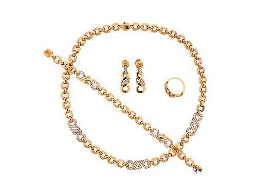 Cartier France 18k Gold Diamond Link Necklace Earrings Bracelet Ring Set  