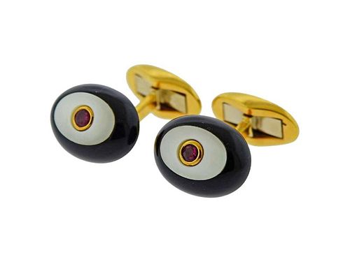 Piaget Ruby Mother of Pearl Onyx Gold Cufflinks