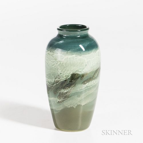 Edward T. Hurley (1869-1950) for Rookwood Pottery Sea Green Glaze Vase, Cincinnati, Ohio, 1901, carved, hand-painted, and glazed stonew