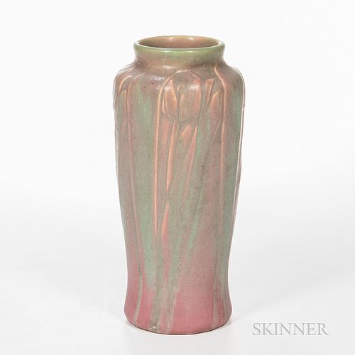 Tall Rookwood Pottery Vase, Cincinnati, Ohio, 1915, glazed earthenware decorated with tulips, impressed signature, date, and number to