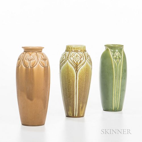 Three Rookwood Pottery Vases, Cincinnati, Ohio, 1921-25, glazed earthenware, all with impressed flame mark, date and form numbers, all