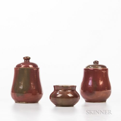 Two Hugh C. Robertson (1845-1908) for Dedham Pottery Jars and a Squat Vase, Dedham, Massachusetts, c. 1895, all in oxblood glaze, jars