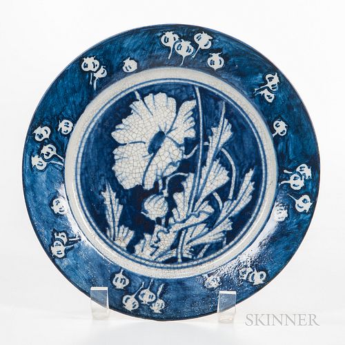 Dedham Pottery Poppy Plate, Dedham, Massachusetts, early to mid-20th century, with blue stamp and impressed rabbit, dia. 8 1/2 in.