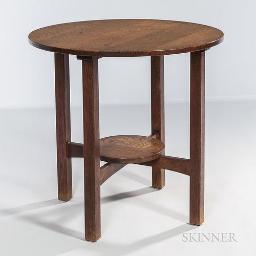 L. & J.G. Stickley Model 573 Table, Fayetteville, New York, c. 1910, quartersawn oak, round top with smaller round shelf, ht. 29 1/4, d