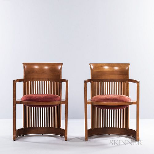 Two Frank Lloyd Wright by Copeland Taliesin Barrel Chairs, United States, 2006-07, cherry and upholstery, with maker's stamp, ht. 33, w