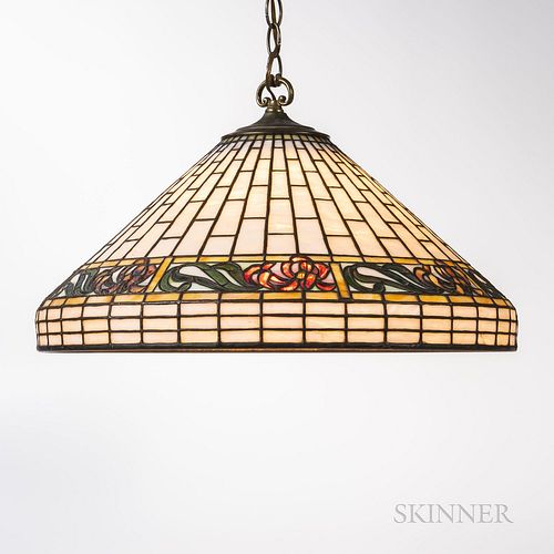Bigelow & Kennard Leaded Glass Ceiling Fixture, Boston, Massachusetts, early 20th century, with brass chain and ceiling cap, marked on