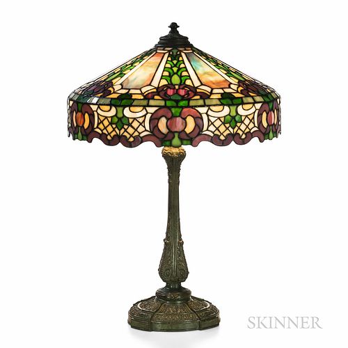 Wilkinson Mosaic Shade Table Lamp, Brooklyn, New York, early 20th century, leaded glass shade with stylized floral decoration alternati
