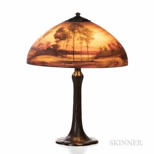 Handel Reverse-painted Shade Table Lamp, Meriden, Connecticut, c. 1920, shade decorated with a waterscape, stamped mark on rim "Handel