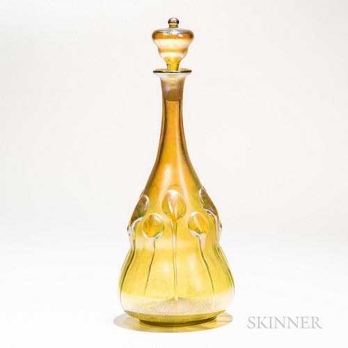 Tiffany Studios Lily Pad Decanter with Stopper, New York, early 20th century, gold favrile glass, double gourd body is embellished with