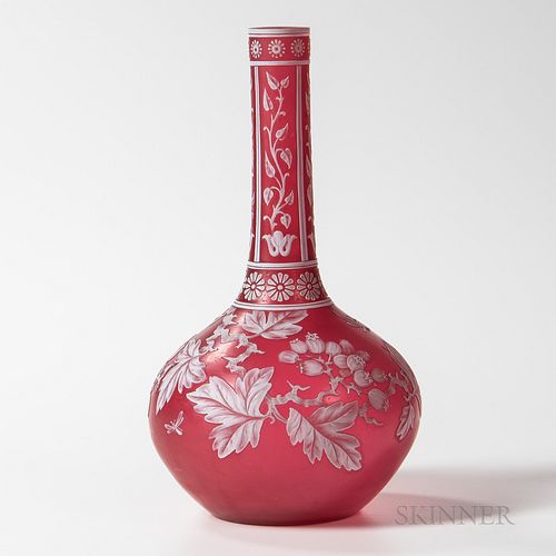 Thomas Webb & Sons Cameo Art Glass Vase, England, early 20th century, bottle form with berried branches and two butterflies, white cut