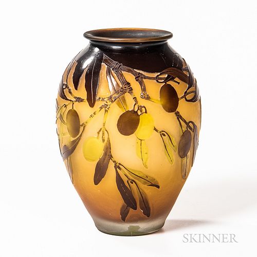 Gallé Cameo Glass Vase, Nancy, France, c. 1910, vasiform decorated with olive fruit and branch design in brown and green on a satin gro