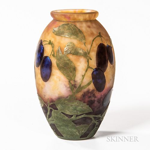 Attributed to Daum Cameo Glass Vase, Nancy, France, c. 1900, with fruiting plum branch design in purple and green on a mottled ground,