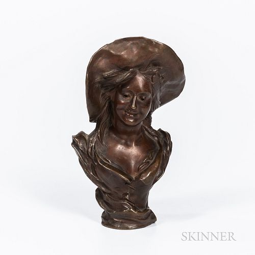 Girl with a Floppy Hat Bronze After Victor Leopold Bruyneel for Tiffany & Co., likely France, early 20th century, patinated bronze, mar