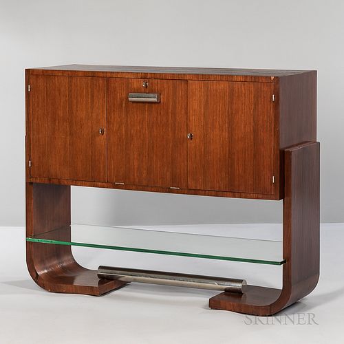 French Art Deco Server, c. 1930, walnut veneer, glass and chromed metal, center compartment with drop-front door flanked by doored glas