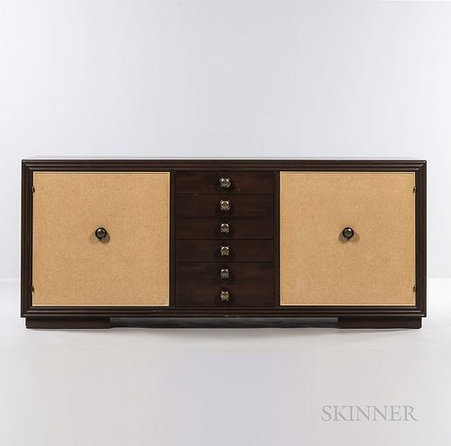 Paul Frankl for Johnson Furniture Company Server, United States, c. 1945, mahogany, lacquered cork and brass, six drawers center flanke